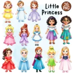 Baby Princess Clipart Bundle, Mulan Pocahontas Belle Tiana Merida Elsa, Fairytale Character PNG, Nursery Decor, Digital Download