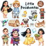 Pocahontas Watercolor Clipart, Baby Princess, John Smith, Meeko & Flit, Tribal Girl PNG, Hand Drawn Digital Illustration