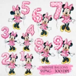Minnie Mouse Birthday Clipart, Pastel Number Balloons, Cute Pink Mouse PNG, Cartoon Party Bundle, Hand Drawn Digital Illustration
