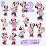 Minnie Mouse 2nd Birthday Clipart, Watercolor Purple Theme, Two Year Old Mouse PNG, Cartoon Party Bundle, Hand Drawn Digital Illustration