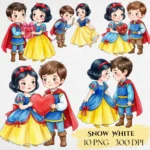 Snow White Valentine Clipart, Watercolor Princess Prince Florian PNG, Fairytale Love Story Graphics, Hand Drawn Digital Illustration