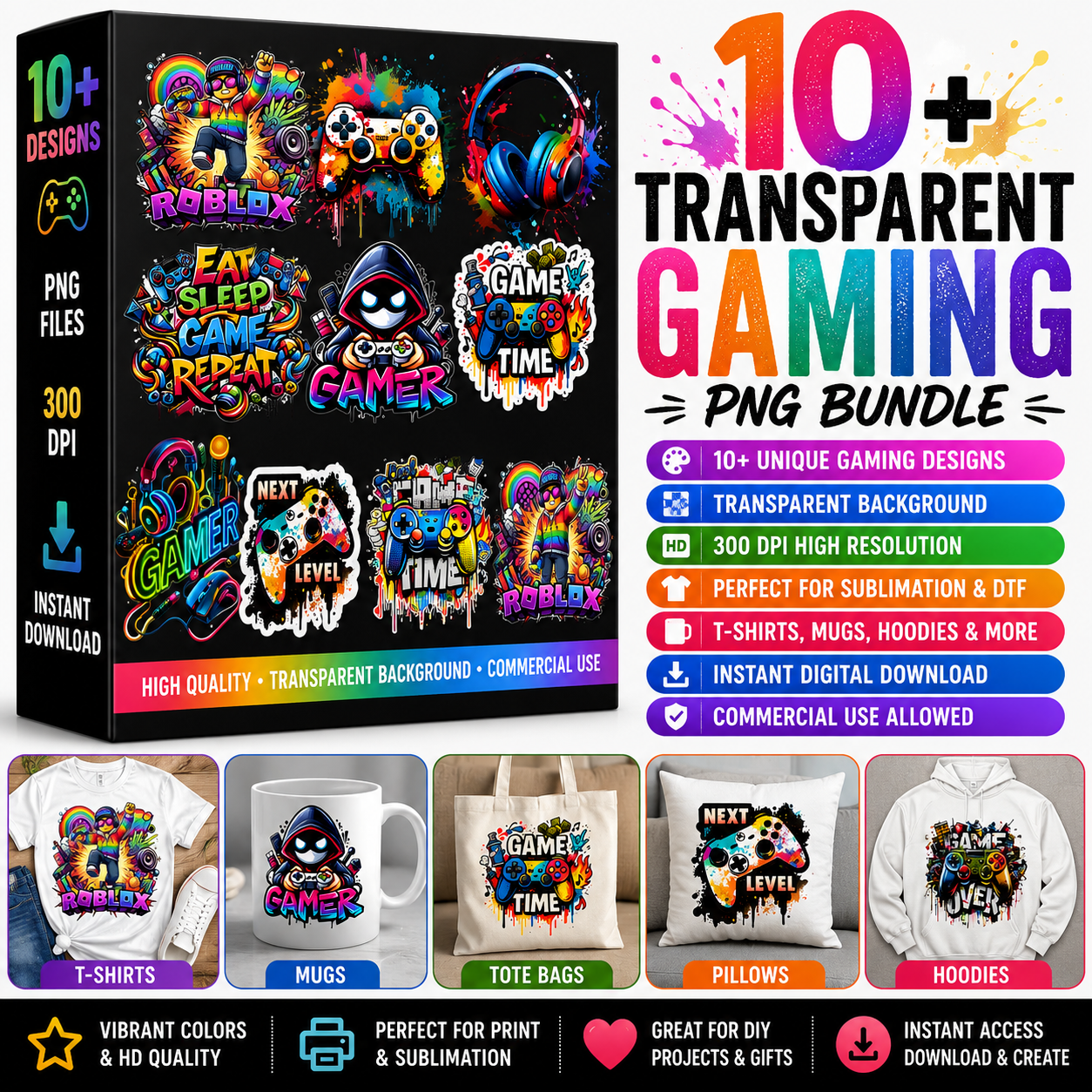 10 Colorful Gamer Sublimation Designs Video Game Controller Clipart DTF PNG