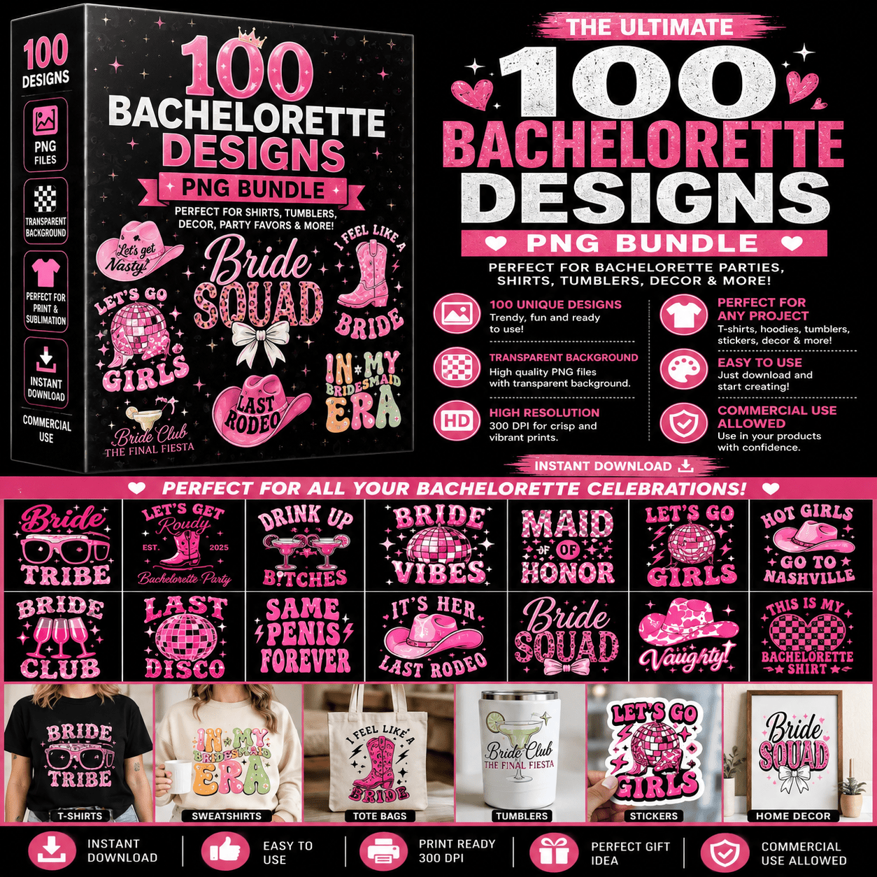 100 Files Bachelorette Party Bundle PNG, Bride Club PNG, Bridesmaid Clipart, Bride Team PNG Designs