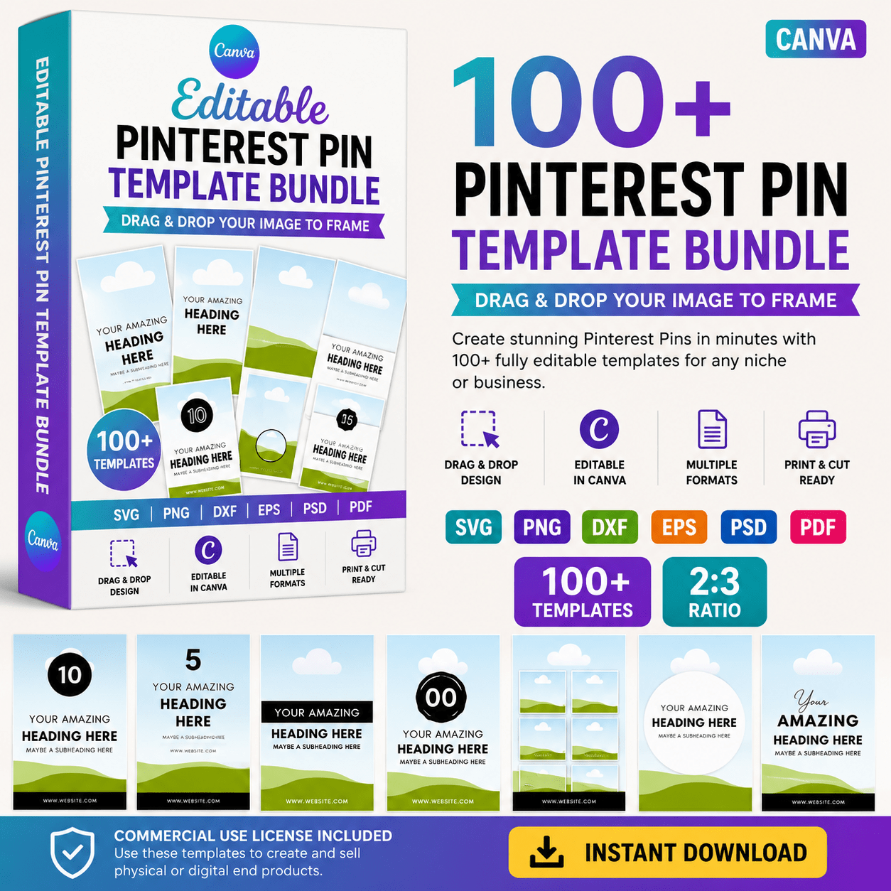 100 Pinterest Pin Canva Editable Template Bundle for Blogger Marketing