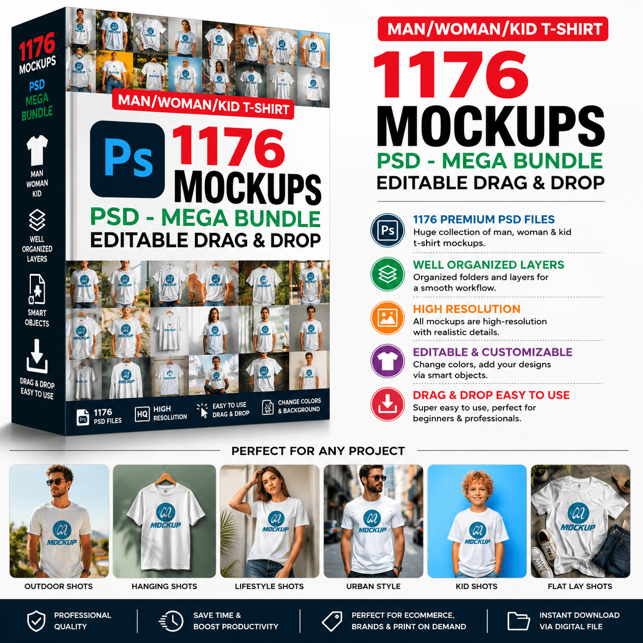 1176 PSD T-Shirt Mockup Bundle High-Res Heavy Cotton Tee Mockups