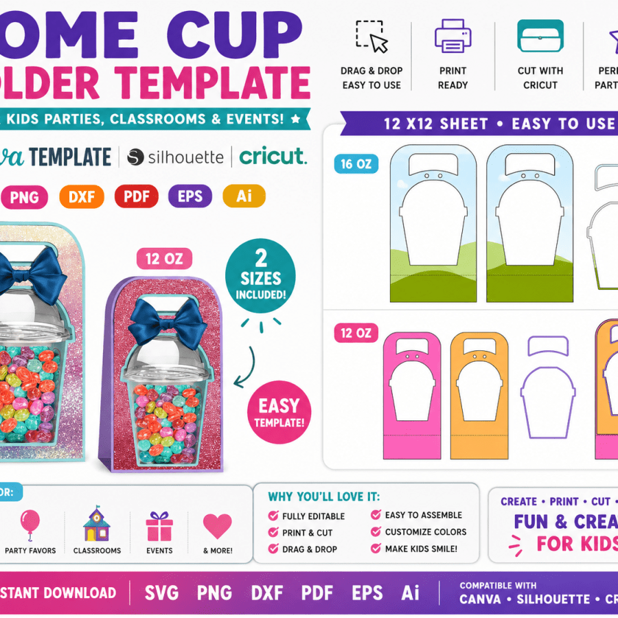 12–16oz Dome Cup Holder Template, 16oz Holder Template, 12oz Dome Cup Favor Holder Template
