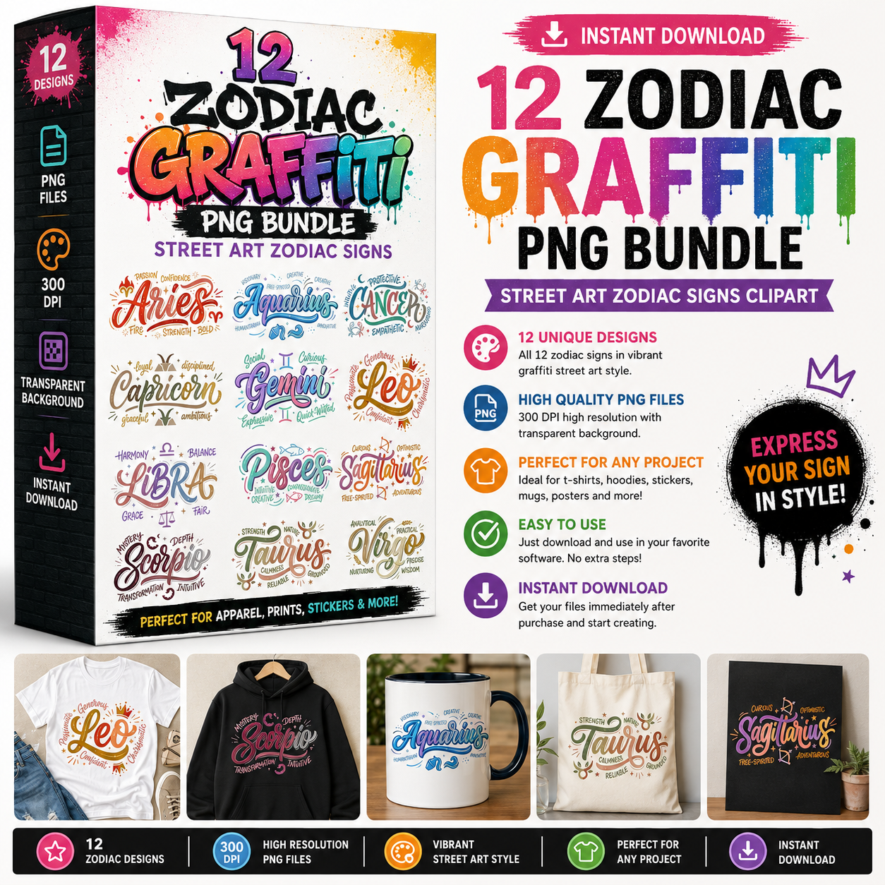 12 Zodiac Graffiti PNG Bundle, Street Art Zodiac Signs Clipart, Graffiti Style Astrology Horoscopes