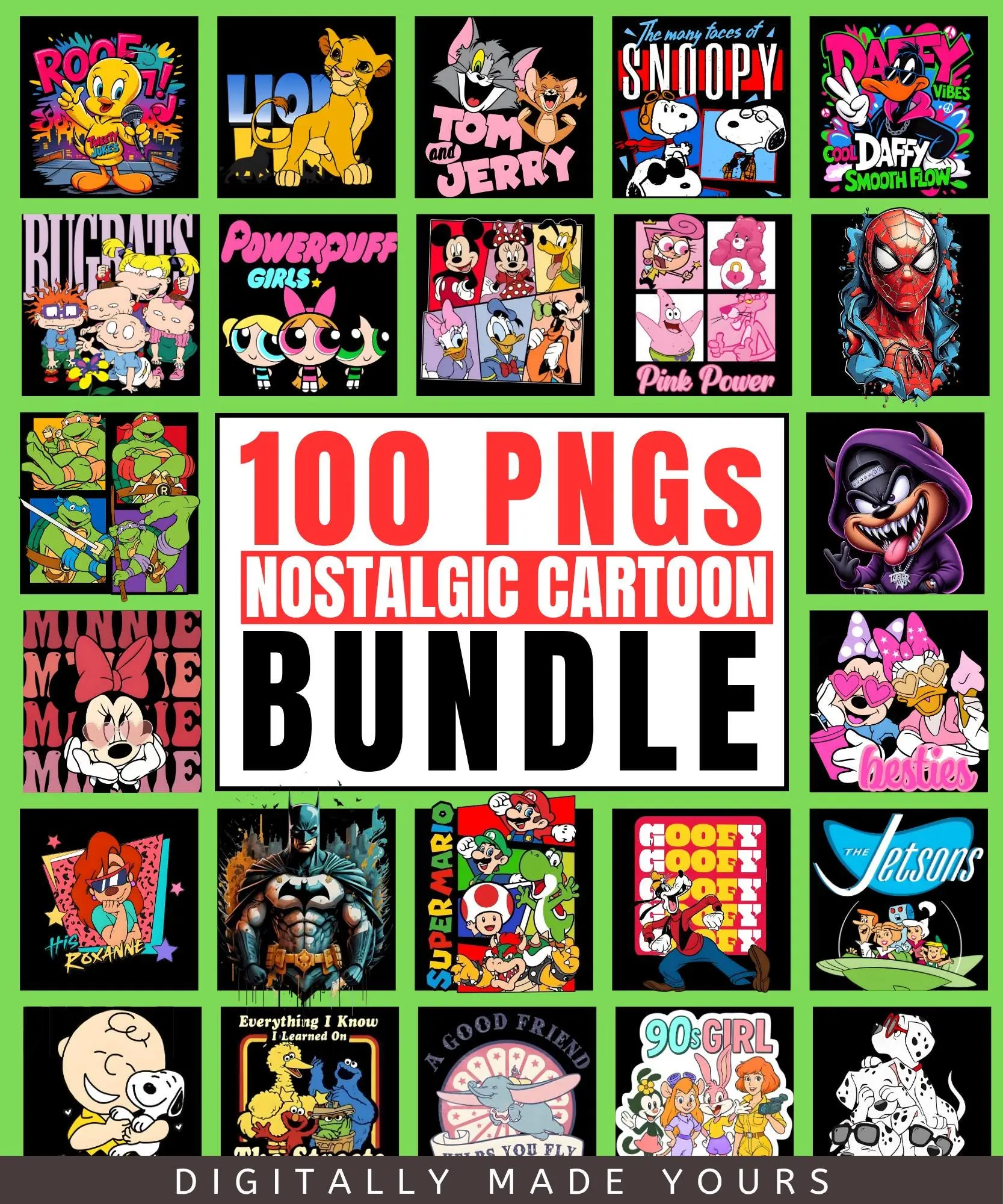 100 Nostalgic Cartoon PNG Bundle, Cartoon Characters, Retro PNG Files, T-Shirt Designs